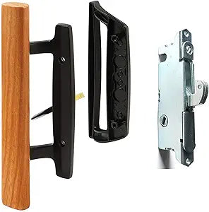HauSun Sliding Glass Patio Door Handle Set Oak Wood Interior Handle and Exterior Pull in White Diecast Finish+Mortise Lock 45 Keyway Fits 3-15/16 Screw Hole Spacing, Non-keyed with Latch Locks