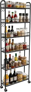 6in 6 Tier Slim Storage Cart with Wheels, Narrow Space Rolling Shelving Unit, Metal Wire Mobile Organizer Rack for Kitchen Bathroom Office Laundry