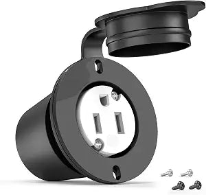 Flanged Outlet NEMA 5-15R - 110V/120V, 15 Amps Single Round Female Plug Receptacle, Weather Resistant, Flush Mount Inlet for RV, Camper, Marine, Truck Bed, Golf Cart, Indoor/Outdoor Use, UL Listed