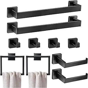 10 Pieces Bathroom Hardware Accessories Set 16 Inch Wall Mounted Towel Bar Set Matte Black Towel Rack Rings Stainless Steel Toilet Paper Holder Bath Coat Hooks