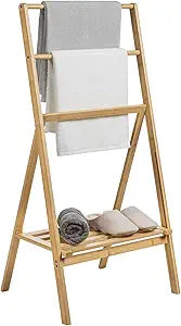 MyGift 3 Tier Free Standing Towel Rack for Bathroom, Pool Outdoor, Foldable Blanket Ladder with Storage Shelf, 43" H Bath Towel Holder Organizer Drying Rack, Light Brown Solid Bamboo Quilt Rack