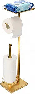 Gold Toilet Paper Holder with Shelf, Free Standing Toilet Paper Stand with Storage for Holding Extra 3 Rolls, Tissue Holder for Bathroom (Gold with Metal Base)