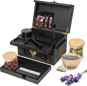Three Way Cut Large Bamboo Storage Box with Combination Lock  Wooden Organizer Box with Removable Tray, Glass Jars & Accessories  Decorative Lockable Bamboo Box for Home or Gift (Black)