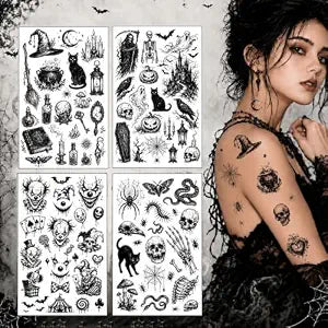 Dark Gothic Sticker Crow Skull Spider Bat Snake Halloween Temporary Tattoos
