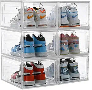 6 Pack JVedette Clear Shoe Storage Boxes Stackable Display | Large Capacity Sneaker Containers with Magnetic Side/Front Drop Door for Closet Organization | Plastic Shoe Organizer Bins