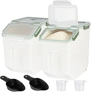Rice Storage Container 50 lbs Large Household Flour Sugar Containers Airtight Grain Cereal Dispenser with Wheels, Locking Lid & Measuring Cup for Kitchen Pantry Organization, 2 Pack(Green)
