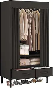 Portable Closet for Hanging Clothes,Clothes Rack with Cover,Portable Wardrobe Closet with 1 Hanging Rods, 2 Storage Shelves and 2 Drawers,27.5" L x 17.7" W x 67.7" H,Black