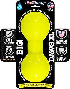 Ruff Dawg Big Dawg Barbell XL Yellow  Heavy-Duty Solid Rubber Dog Chew Toy for Medium to Large Dogs 40 lbs & Up  Floats & Bounces  Made in USA