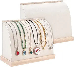 PH PandaHall 2pcs Cambered Necklace Display Stand Wooden Necklace Holder White Velvet Jewelry Display Organizer Rack for Necklaces Vendor Home Storage Tabletop Jewelry Storage Holder, 8.2x3.5x6.2 inch