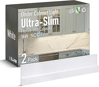 TORCHSTAR Ultra-Slim LED Under Cabinet Lighting Fits 24 Inch Cabinets, 5CCT 16W 1200LM, Hardwired & Plug-in, 120V CRI90 Linkable Dimmable Thin Under Counter Lights for Kitchen, ETL T24, Pack of 2
