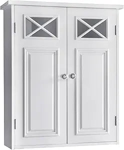 Teamson Home Dawson Wooden Over The Toilet Bathroom Removable Wall Medicine Cabinet with 1 Adjustable Shelf 2 Storage Spaces 2 Cross Molding Doors and Crystal-Cut Knobs, White