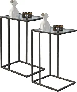 Easy Paws C Shaped End Table Set of 2, Tempered Glass Snack Side Table with Metal Frame, Sofa Couch Side Table, Modern Style, Black