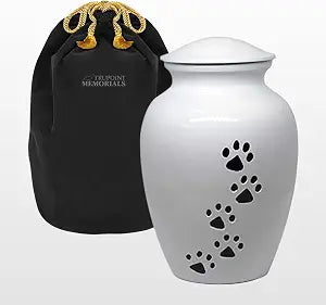 Trupoint Memorials Large Pet Urn for Dogs and Cats Ashes, Paws Print White Cremation Urns for Pets up to 122 lbs