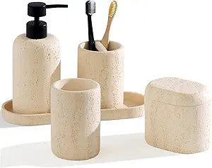 Bathroom Accessories Set, Travertine Stone-Look, 5 PCS Bathroom Accessory Set with 13.53 OZ Soap Dispenser, Toothbrush Holder, Tumbler, Vanity Tray, Cotton Swab Jars for Countertop (Yellow)