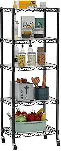 Golpart Small 5 Tier Shelves Storage Wire Shelving Unit Metal Shelf Adjustable Organizers Storage Shelving with Wheels for Bathroom Laundry Room Kitchen Pantry12D x 18W x 57.2H Black