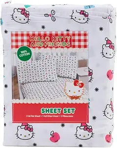 Jay Franco & Sons, Inc. Hello Kitty Christmas Cotton Sheet Set (White - Holly, Pink Bows, Blue Gifts, Pink Apples, Full)