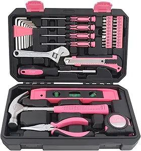 Apollo Tools 39 Piece General Household Tool Set in Toolbox Storage Case with Essential Hand Tools for Everyday Home Repairs, DIY and Crafts - Pink Ribbon - Pink - DT9711P