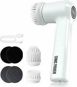 SonicPower Electric Spin Scrubber  Handheld & Ergonomic, IPX7 Waterproof, 4 Multi-Purpose Brush Heads, Long-Lasting Rechargeable Battery  Cleans Dishes, Bathroom, Tile, Grout & Kitchen (White)