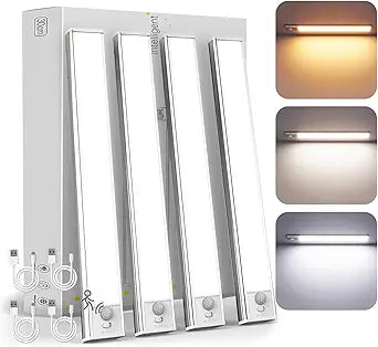 Under Cabinet Lighting Wireless, 4 Pack Under Cabinet Lights Rechargeable, Motion Sensor Light Indoor, 3 Color Temps, 5 Levels Dimmable Magnetic Closet Lights, Under Counter Lights for Kitchen, Stairs