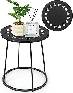 Vercraft Small Outdoor Side Table, 14" Patio Side Tables with Flower Cut Outs Weather Resistant Metal Outdoor End Table for Patio Outside Porch Balconies Garden(Black,Daisy)