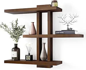 yaqew Variable Wood Floating Shelves Set of 3, Wall Cube Shelves 28.35" Max, Wall Shelves for Living Room Bathroom Bedroom - Light Walnut Color - 28.35" x 23" x 5.9" Max