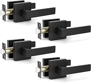 KNOBWELL 4 Pack Matte Black Door Handles Passage Door Knobs Interior for Closet/Hallway, Inside Door Knobs with Straight Levers(No Lock, No Key)