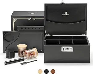 GLENCREAG Stash Box with Rolling Tray, Smell Proof Large Bamboo Storage Box with Lock, Decorative Box Set Includes Glass Jars & Grinder, Gift for Men Women