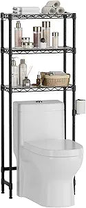 Golpart 3-Tier Over The Toilet Storage Shelf,Heavy Duty Adjustable Metal Bathroom Rack with Toilet Paper Holder & Hooks,Space-Saving Organizer for Bathroom,10D x 24W x 66H,Black