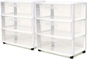HOMZ 2-Pack Drawer Tower, 3-Tier Wide Clear Plastic Storage Organizer Cart, White Frame - Organizing Containers with Wheels for Home, Bathroom, Bedroom, Office, and Classroom