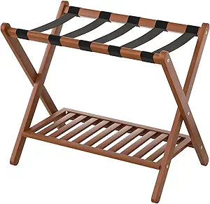 Luggage Racks Suitcase Stand Foldable With Storage Shelf For Guest Room Hotel Essentials Solid Bamboo Heavy-Duty Item Holder Chestnut Brown