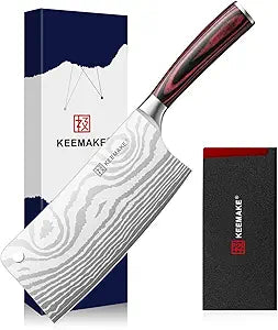 KEEMAKE 7 Inch Meat Cleaver Knife, High Carbon Steel Japanese Butcher Knife with 58+ HRC Hardness, Razor Sharp Vegetable Cooking Knives, Ergonomic Pakkawood Handle for Meat Cutting, BBQ Kitchen
