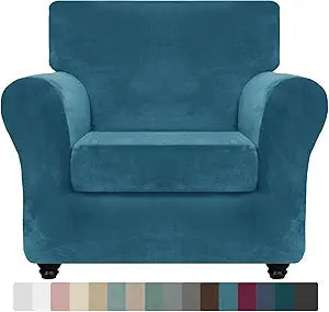 ZNSAYOTX Luxury Velvet Chair Slipcovers with Arm 2 Piece Stretch Chair Covers for Living Room Thick Soft Armchair Slipcover Anti Slip Pet Friendly Furniture Protector (Peacock Blue),30"-47"(1 CUSHION)