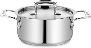 Stainless Steel Stockpot with Lid 2 Quart, Durable 18/8 Stainless Steel, Impact-Bonded Base for Even Heating, Riveted Handles, Oven & All Stove Compatible, Safe Up To 500F (260C)