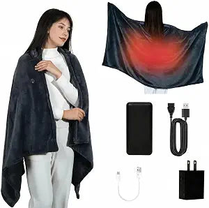 Cordless Heated Blanket with Hood, USB Battery Powered Heated Wearable Blanket with 9 Heating Zones, 20000 mAh Power Bank, 3 Levels, Portable Heated Throw Blanket, Heated Shawl