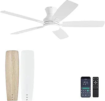 52 Inch Ceiling Fans with Lights and Remote Control, Indoor/Outdoor Flush Mount Low Profile Commercial Reversible Dimmable Ceiling Fans for Living Room Patio Industrial Shop, White