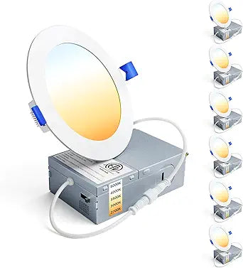 Ensenior 6 Pack 4 Inch LED Recessed Light, Dimmable, 2700K-5000K 5CCT, 750LM High Brightness, 9W 120V, Damp Rated, ERL-9X-ETL, Ultra-Thin Canless Wafer Ceiling Light - ETL & FCC & IC