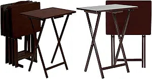 PJ Wood Solid Wood Construction Rectangle Folding Portable TV Snack Serving Tray Table with Compact Storage Rack, Espresso Brown (Set of 7)