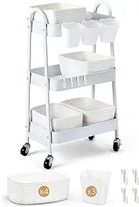 3-Tier Rolling Utility Cart with 4 Woven Baskets, Diaper Book Snack Cart, Storage Organizer for Nursery, Kitchen, Craft Room, Home SPA, Living Room, Metal Frame Trolley on Lockable Wheels, White