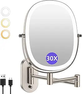 FUNTOUCH 30X/1X Wall Mounted Lighted Makeup Mirror,5000mAh Rechargeable Double Sided Magnifying Bathroom Lighted Mirror, 3 Color Modes Touch Dimmable Extended Arm 360 Rotation, Brush Nickel