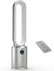 Comfort Zone 40-Inch Bladeless Tower Fan for Bedroom Γ Quiet Standing Fan with Remote Control, 9H Timer & Wide Area Oscillation Γ Turbocharged Airflow & Digital LED Display Γ Silver
