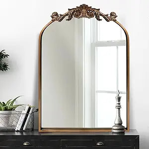 OUSHUAI Gold Traditional Vintage Ornate Baroque Mirror,Gold Brass Mirror for Wall,Victorian Antique Bronze Mirrors Arched for Bathroom/Living Room/Hallway/Fireplace 19"X27"