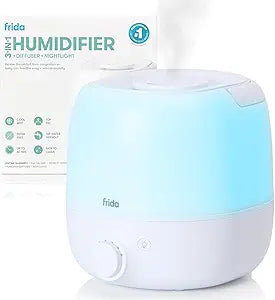 Frida Baby 3-in-1 Cool Mist Humidifier for Large Rooms, Top Fill Humidifier for Bedroom, Allergy Relief, 60 Hour Runtime + Nightlight, Auto Shut-Off, Quiet, Carry Handle, Essential Oil Diffuser