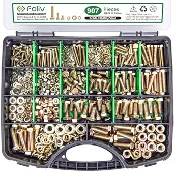 FOLIV 907pcs Grade 8.8 Metric Bolt Assortment, M4 M5 M6 M8 Heavy Duty Bolts and Nuts Kit, Yellow Zinc Plated, Length from 12-30mm