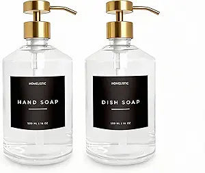 Homelistic Clear Glass Soap Dispenser Set with Champagne Gold Pump  16oz Refillable Kitchen & Bathroom Soap Dispensers (2 Pack) Rust-Resistant Stainless Steel Pumps, 48 Labels