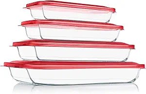 KOMUEE 8 Pieces Glass Baking Dish with Lids Rectangular Glass Baking Pan Bakeware Set with BPA Free Lids, Baking Pans for Lasagna, Leftovers, Cooking, Kitchen, Fridge-to-Oven, Red