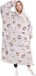 KPBLIS Wearable Blanket Hoodie for Women Men, Cozy Hoodie Blankets Sweatshirt Birthday Gifts for Cat Lovers Women Mom Wife, Warm Fleece Hooded Blanket with Sleeves for Adults, Cat Gray