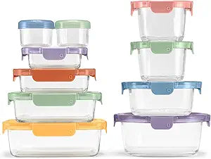 Ello Color Lock 8PC Mixed Glass Food Storage Sets, Leak-Proof Glass Food Storage Containers