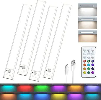 Under Cabinet Lighting,RGB Motion Sensor Night Lights,Rechargeable Under Cabinet Lights,15 Colors Dimmable Bar Light with Remote,Wireless Closet Lights,Indoor Counter Lights for Kitchen Shelf 4Pack