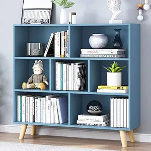 IOTXY Wooden Open Shelf Bookcase - 3-Tier Floor Standing Display Cabinet Rack with Legs, 7 Cubes Bookshelf, Bright Blue