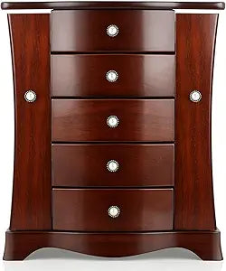 RR ROUND RICH DESIGN Solid Wood Jewelry Box - Large Organizer with 4 Drawers, Built-in Necklace Carousel & Large Mirror, Brown